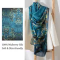 Luxurious teal long mulberry silk scarf featuring Van Gogh style almond blossom print - 176*110cm / Blue Plum Blossom Branch