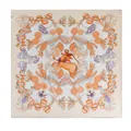 Elegant silk square scarf featuring ornate animal and floral prints in warm orange tones - Beige with Orange Print (FHZ24-9165-1)