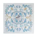 Elegant blue and white silk square scarf featuring gazelle and ornamental floral print design - Beige with Blue Print (FHZ24-9165-2)