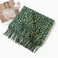 Green leopard print faux cashmere scarf with elegant tassels for women - Green Leopard