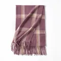 Elegant plum purple checkered scarf with decorative fringe tassels for autumn and winter - 67x200cm / Taro Purple Plaid