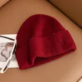 Soft 100% sheep wool knitted beanie hat in burgundy wine red for winter warmth - One Size / Basic Fold-Over Style (FHY24-7027-2) / Burgundy