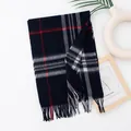 Elegant navy blue checkered wool scarf with fringe detail for winter warmth and style. - 190x30cm / Navy Blue Large Plaid