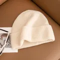 Elegant soft 100% wool knitted beanie in cream white finish for women's winter fashion - Basic Fold-Over Style (FHY24-7027-1)