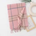 Soft pink plaid wool scarf with elegant tassels for winter warmth - 190x30cm / Pink Large Plaid