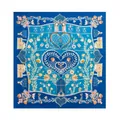 Square silk scarf with intricate blue and orange heart floral print and hand-rolled edges. - Blue (FHZ25-9808-1)