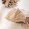 Soft and warm camel 100% wool knitted beanie hat with elegant ribbed texture for winter - Ribbed Rolled Edge Style (FHY24-7028-1)