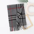 Elegant grey plaid wool scarf with vibrant red stripes and classic tassels for winter warmth - 190x30cm / Grey Large Plaid