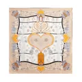 Elegant mulberry silk square scarf with architectural heart and house pattern print - Khaki (FHZ25-9808-2)