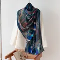 Elegant bohemian paisley silk scarf shawl for women in deep teal and blue tones - 176x110cm / Blue Red Mirror Pattern (FHZ25-9717-2)