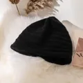 Premium soft 100% sheep wool knitted beanie hat for women in classic black winter style - Ribbed Rolled Edge Style (FHY24-7028-4)