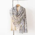 Elegant mulberry silk long scarf featuring a blue hand-drawn floral pattern design - 176*110cm / Blue Magnolia (FHZ25-9941-1)