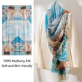 Premium 100% mulberry silk long scarf featuring artistic blue landscape oil painting - 176*110cm / Blue Sea Boats (FHZ25-9722-1)
