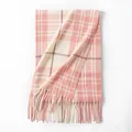 Soft pink and white plaid cashmere-like scarf with elegant tassel fringe - 68*200cm / White and Pink Plaid