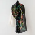 Elegant long silk scarf with vibrant bohemian floral print on a black background - 176x110cm / Black Vine Floral (FHZ25-9720-1)