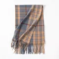 Elegant autumn winter plaid cashmere-like scarf with fringe in camel and blue tones - 68*200cm / Grey Blue Plaid