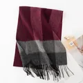 Premium thick wool plaid scarf in burgundy and grey colors with tassel fringe details - Wine Red Broad Check