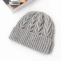 Warm grey wool knit beanie featuring a classic cable pattern and ribbed cuff for winter - Cable Knit Fold-Over Style (FHY24-7004-4)