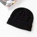 Soft black 100% wool knitted beanie hat with stylish cable knit pattern - Cable Knit Fold-Over Style (FHY24-7004-2)