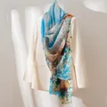 Lightweight silk scarf shawl with blue and sand abstract pattern in bohemian style. - 176x110cm / Blue Sea Boats (FHZ25-9722-1)