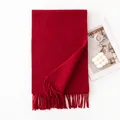 Premium solid red thickened sheep wool winter scarf with elegant tassel trim for warmth - 30x200cm / Garnet Red