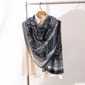 Bohemian navy blue and white floral pattern mulberry silk long shawl for women - 176*110cm / Navy Retro Pattern