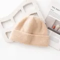 Soft camel wool knit beanie hat with ribbed texture for winter - Vertical Ribbed Fold-Over Style (FHY25-7152-1)