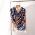 Elegant bohemian style silk shawl with vibrant multi-colored floral prints for women - 176*110cm / Blue Orange Flower
