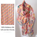 Colorful cat print 100% mulberry silk scarf for women - 176*110cm / Orange Cartoon Cat