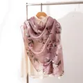 Elegant mauve floral silk scarf draped on a shirt for a stylish bohemian look - 176*110cm / Pink Rose