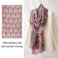 Elegant pink floral print 100% mulberry silk long scarf shawl wrap for women gift - 176*110cm / Pink Purple Small Floral