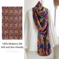 Premium 100% mulberry silk long scarf featuring a colorful cartoon cat print pattern - 176*110cm / Yellow Blue Funny Cat