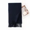 Classic navy blue thick wool scarf with elegant tassel fringe detail for winter warmth - 30x200cm / Black Cyan