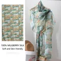 Premium 100% mulberry silk long scarf with elegant landscape print in soft tones - 176*110cm / Oil Painting Landscape Rice Field