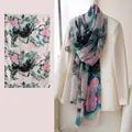 Elegant 100% mulberry silk scarf featuring a pink peach blossom ink wash floral print for women - 176*110cm / Ink Peach Blossom