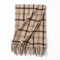 Soft beige plaid cashmere-like winter scarf featuring classic brown grid and fringe. - 62*200cm / Light Khaki