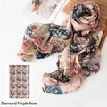 Elegant premium long 100% silk scarf featuring a Diamond Purple Rose floral pattern print - 176*110cm / Diamond Purple Rose