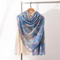 Elegant blue floral mulberry silk long scarf shawl for women's Bohemian vacation style - 176*110cm / Blue Ditsy Floral