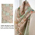 100% mulberry silk scarf with vintage floral bird pattern in green and peach - 176*110cm / Bud Green Branches
