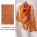 Elegant 100% mulberry silk long scarf featuring orange and brown abstract print patterns - 176*110cm / Orange Animal Print