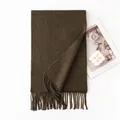 Solid coffee brown wool scarf with tassels, thick warm accessory for autumn and winter. - 30x200cm / Dark Sub-green