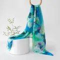 Elegant mulberry silk long scarf with blue and green floral print on white pedestal - 176*110cm / Watercolor Blue Flower