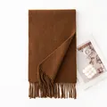 Elegant caramel wool scarf featuring thick warm texture and stylish tassel finish details - 30x200cm / Brown