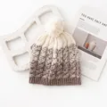 Cozy two-tone wool knit beanie with fluffy pom-pom in beige and brown winter hat - Color Block Pom Pom Style (FHY25-7155-3)