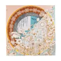 Elegant silk square scarf with floral and architectural oil painting pattern in soft colors - Misty Blue Flower Light Blue (FHZ25-9826-2)