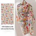 Floral 100% mulberry silk scarf shawl with colorful flower pattern design - 176*110cm / Colorful Small Flowers on White Background (FHZ25-9715 -1)