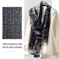 Premium navy blue small floral 100% mulberry silk long scarf shawl for ladies - 176*110cm / Navy Blue Floral