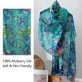 Luxury 100% mulberry silk long scarf with Van Gogh irises floral print - 176*110cm / Blue Green Iris