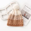 Warm two-tone wool cable knit beanie with soft pom-pom in cream white and camel brown - Color Block Pom Pom Style (FHY25-7155-1)
