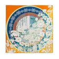 Elegant Hangzhou silk square scarf with orange border and oriental floral design pattern - Misty Blue Flower Yellow (FHZ25-9826-3)